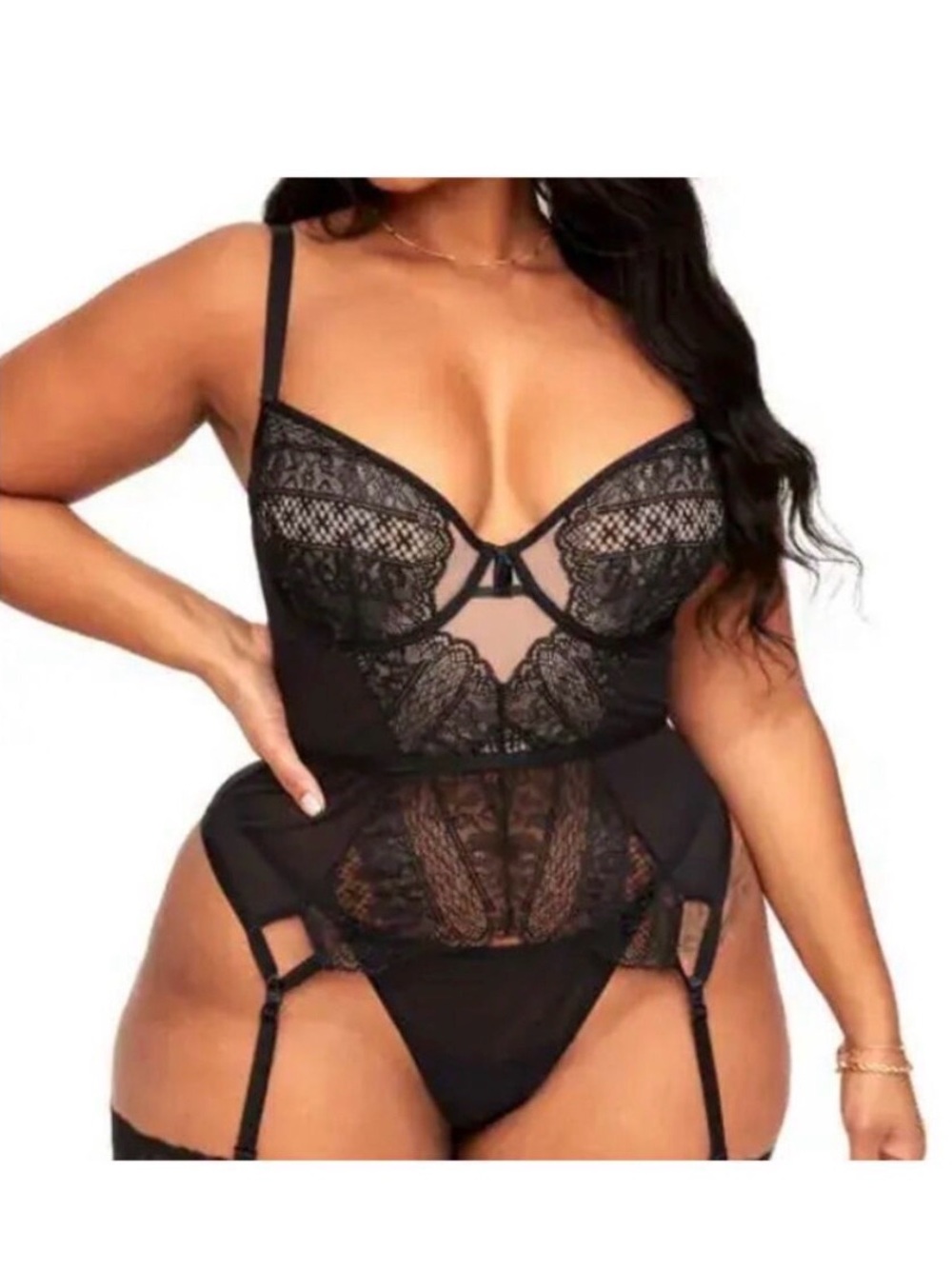 Adore Me Naya Unlined Sexy Black & Nude Lace Cut-out Bustier Lingerie, Size 1X